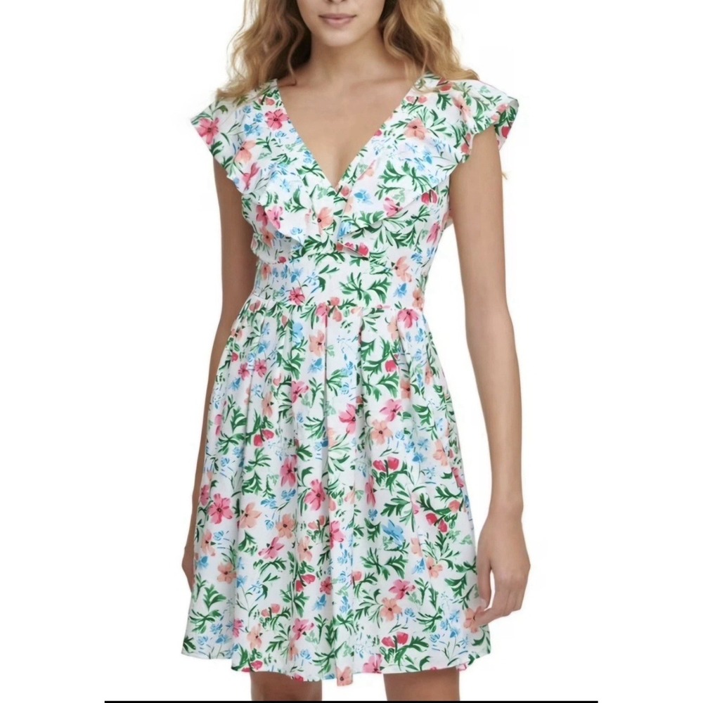 Kensie Ruffled Floral Fit and Flare Dress White Pink Blue V-Neck Size 2
